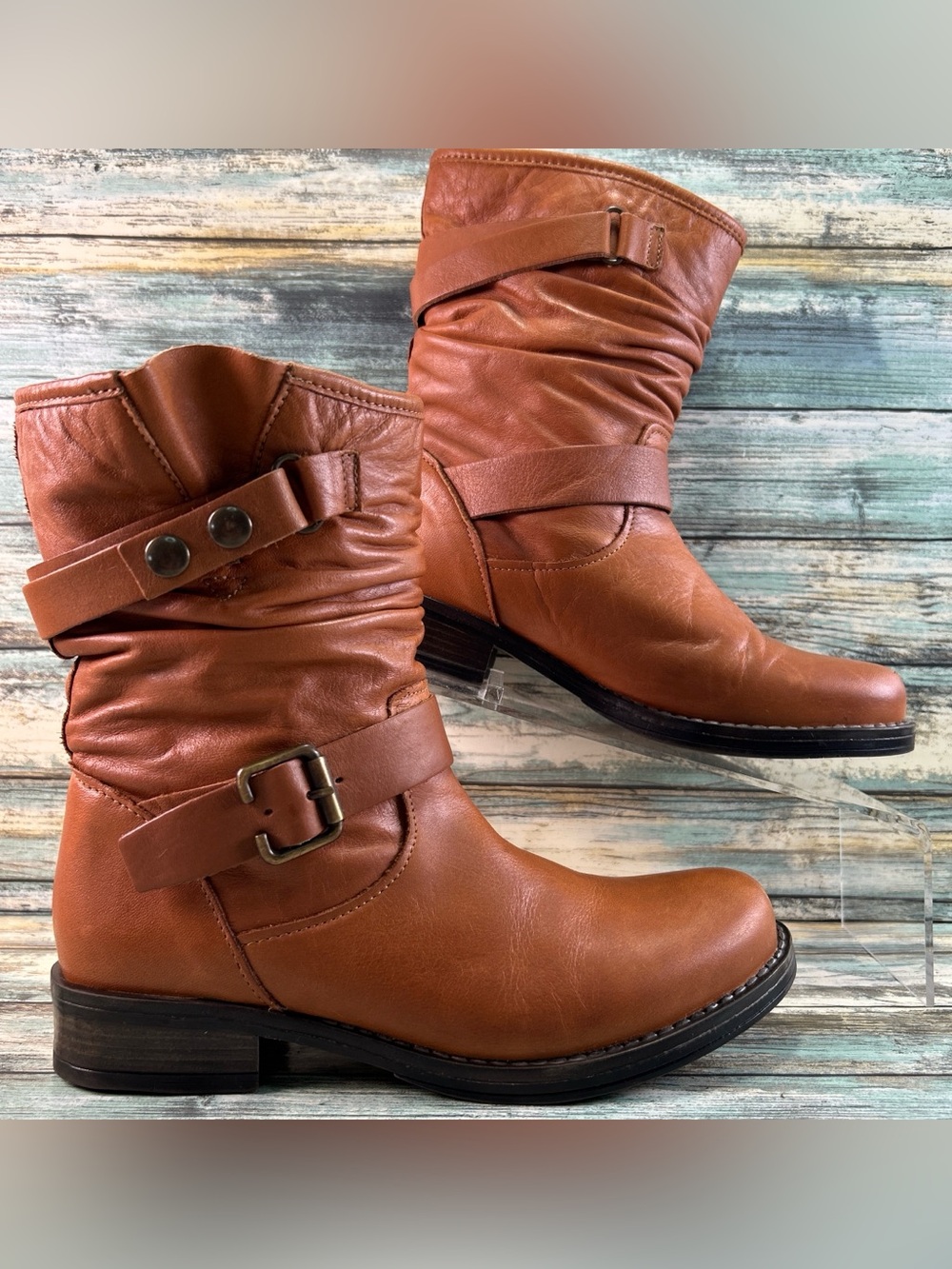 ERIC MICHAEL Laguna Slouch Boot 6.5-7 Brown Leather Pull On Faux Fur Lined Moto